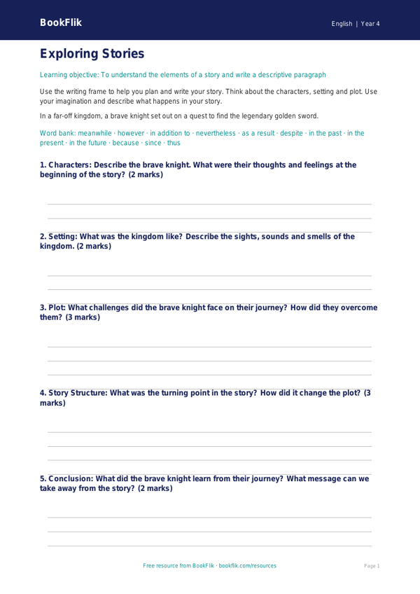 Free Year 4 Writing Frame | Story Writing Templates | BookFlik worksheet preview — English Stories