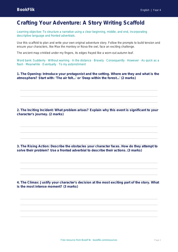 Free Stories Writing Frame | Year 4 Greater Depth | BookFlik worksheet preview — English Stories