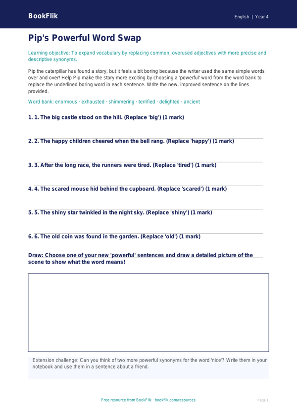 Free Vocabulary Activity Sheet | Year 4 Core | BookFlik worksheet preview — English Vocabulary