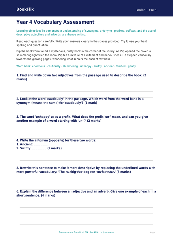 Free Vocabulary Assessment | Year 4 Core | BookFlik worksheet preview — English Vocabulary