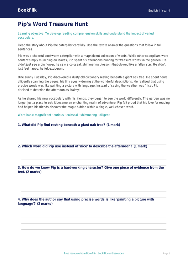 Free Vocabulary Comprehension Worksheet | Year 4 Core | BookFlik worksheet preview — English Vocabulary