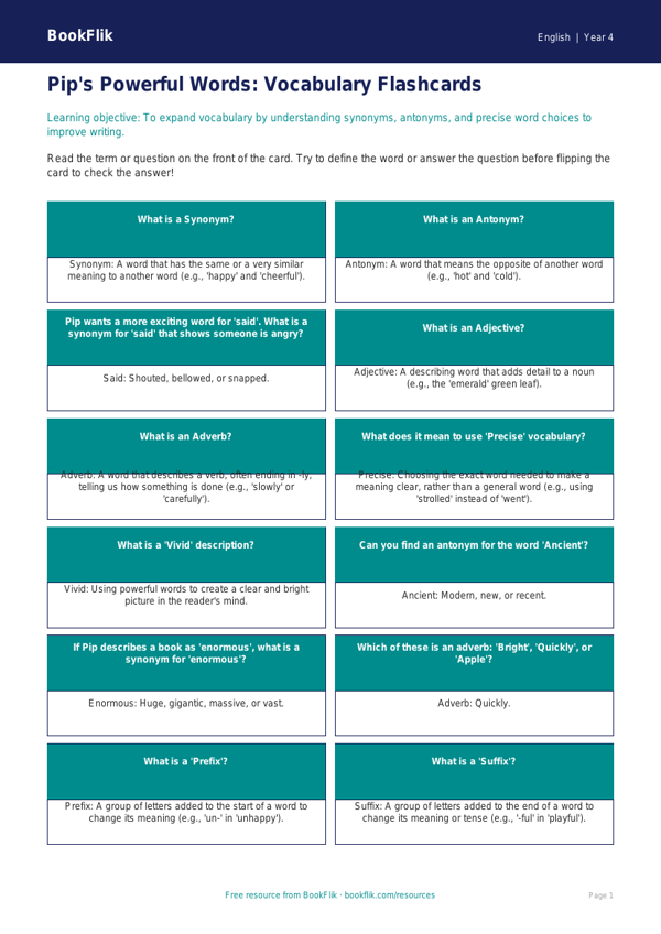 Free Vocabulary Flashcards | Year 4 Core | BookFlik worksheet preview — English Vocabulary
