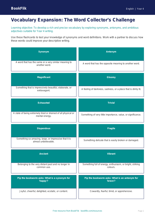 Free Vocabulary Flashcards | Year 4 Greater Depth | BookFlik worksheet preview — English Vocabulary