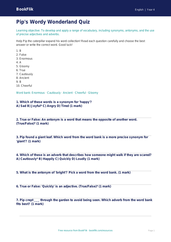 Free Vocabulary Quiz | Year 4 Core | BookFlik worksheet preview — English Vocabulary