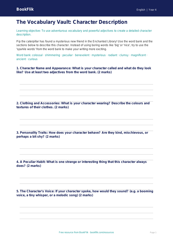Free Vocabulary Template | Year 4 Core | BookFlik worksheet preview — English Vocabulary