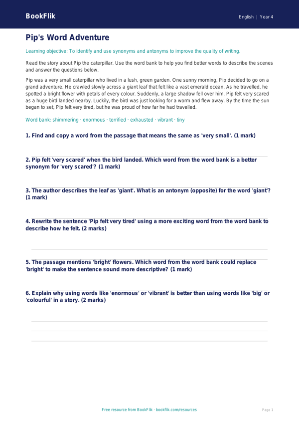 Free Vocabulary Track Sheet | Year 4 Core | BookFlik worksheet preview — English Vocabulary