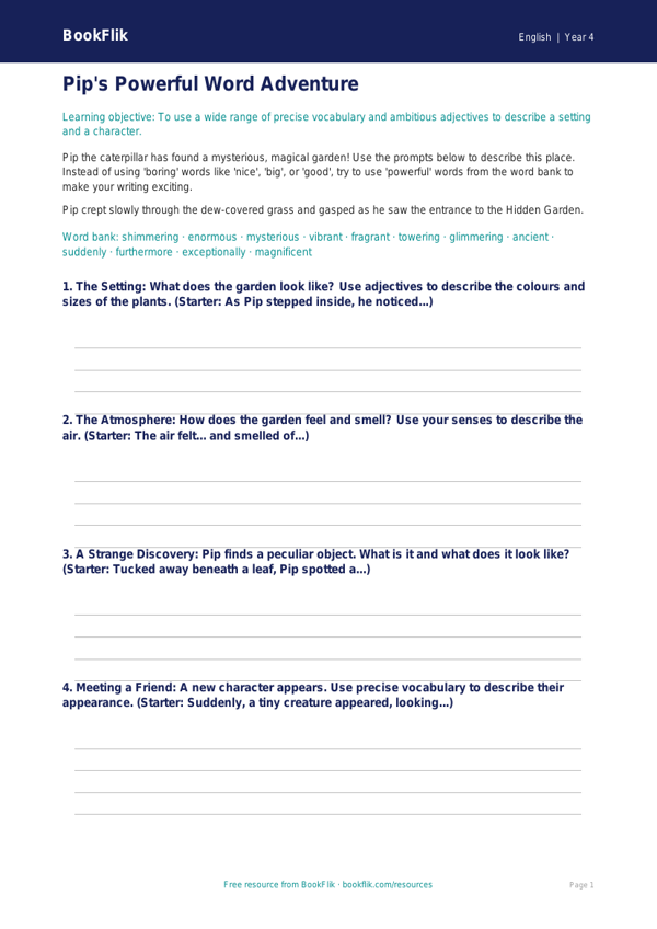 Free Vocabulary Writing Frame | Year 4 Core | BookFlik worksheet preview — English Vocabulary