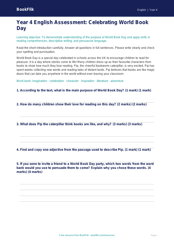 Free World Book Day Assessment | Year 4 Core | BookFlik worksheet preview — English World Book Day