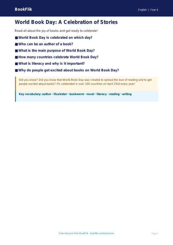 Free World Book Day Poster | Year 4 Core | BookFlik worksheet preview — English World Book Day