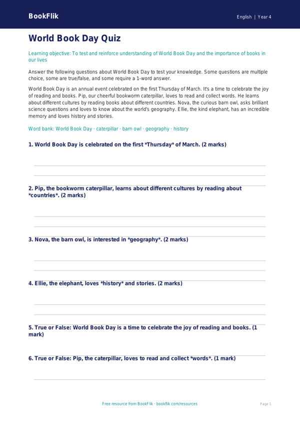 Free World Book Day Quiz | Year 4 Core | BookFlik worksheet preview — English World Book Day