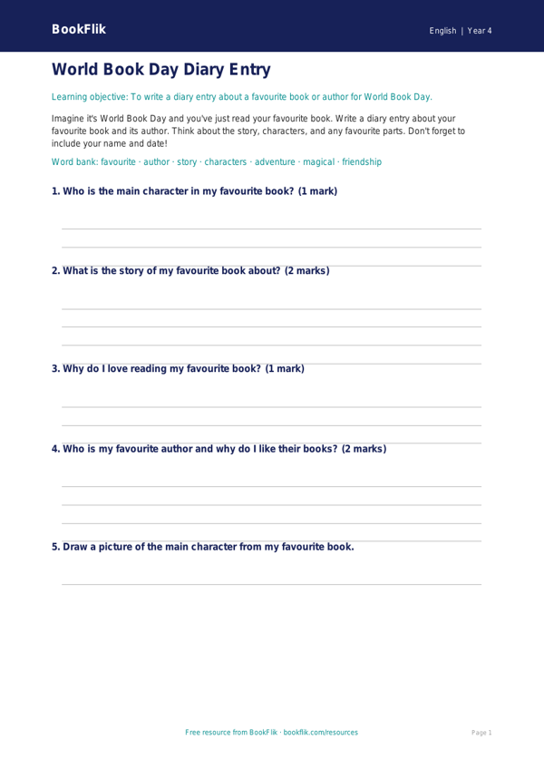 Free World Book Day Template | Year 4 Core | BookFlik worksheet preview — English World Book Day