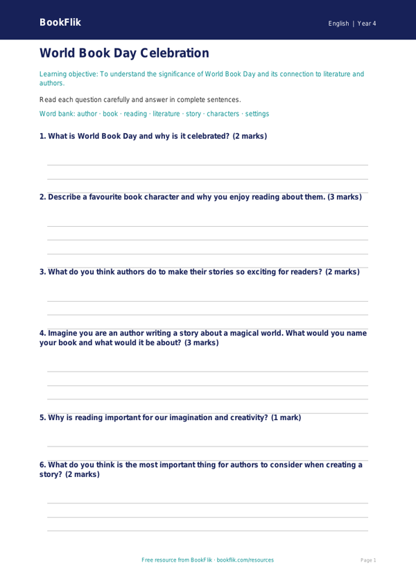 Free World Book Day Worksheet | Year 4 Core | BookFlik worksheet preview — English World Book Day