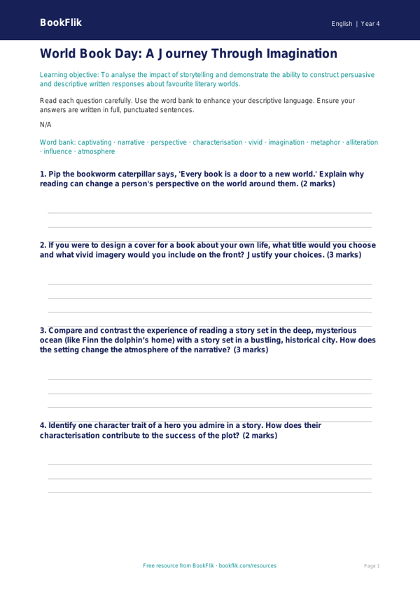 Free World Book Day Worksheet | Year 4 Greater Depth | BookFlik worksheet preview — English World Book Day