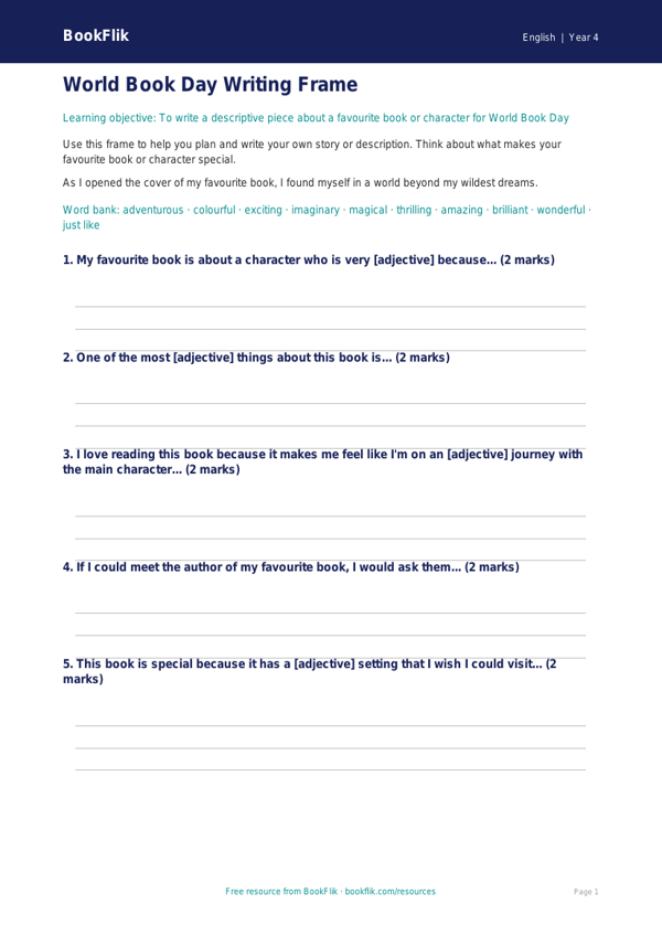 Free World Book Day Writing Frame | Year 4 Core | BookFlik worksheet preview — English World Book Day
