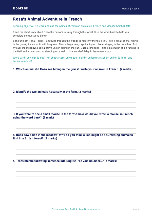 Free Animals Track Sheet | Year 4 Core | BookFlik worksheet preview — French Animals