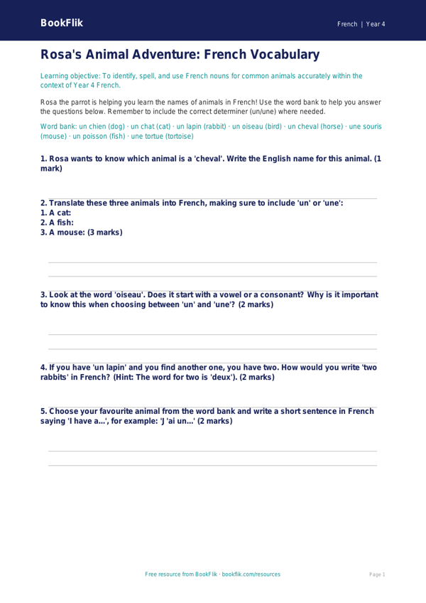 Free Animals Worksheet | Year 4 Core | BookFlik worksheet preview — French Animals