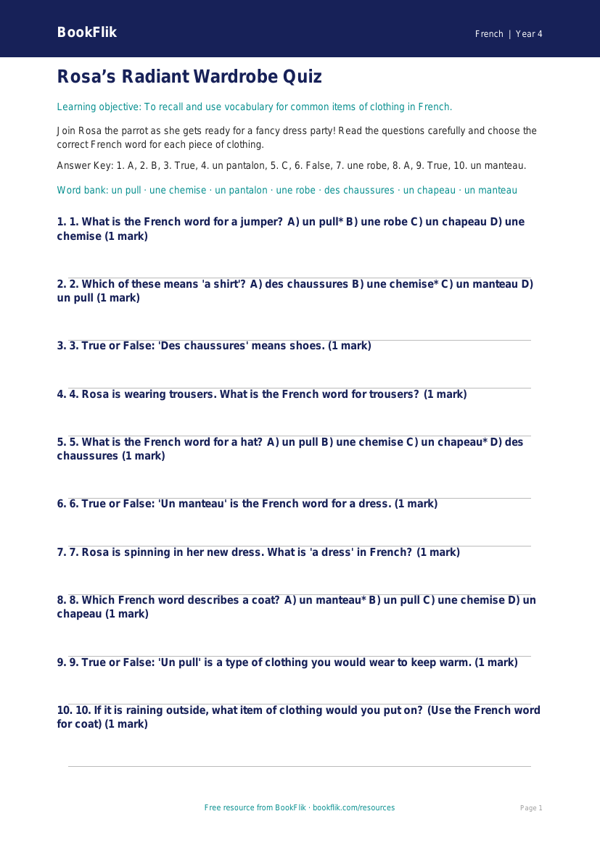 Free Clothes Quiz | Year 4 Core | BookFlik worksheet preview — French Clothes