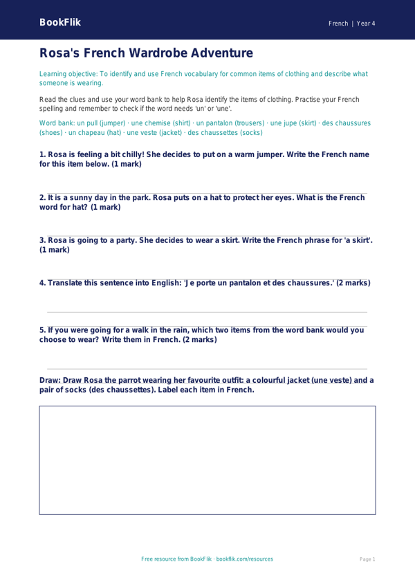 Free Clothes Worksheet | Year 4 Core | BookFlik worksheet preview — French Clothes