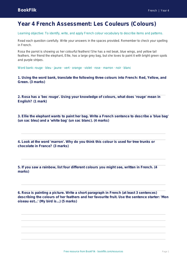 Free Colours Assessment | Year 4 Core | BookFlik worksheet preview — French Colours