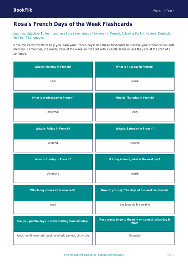 Free Days Of The Week Flashcards | Year 4 Core | BookFlik worksheet preview — French Days Of The Week