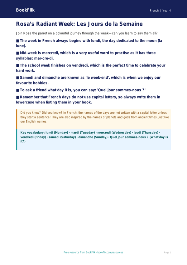 Free Days Of The Week Poster | Year 4 Core | BookFlik worksheet preview — French Days Of The Week
