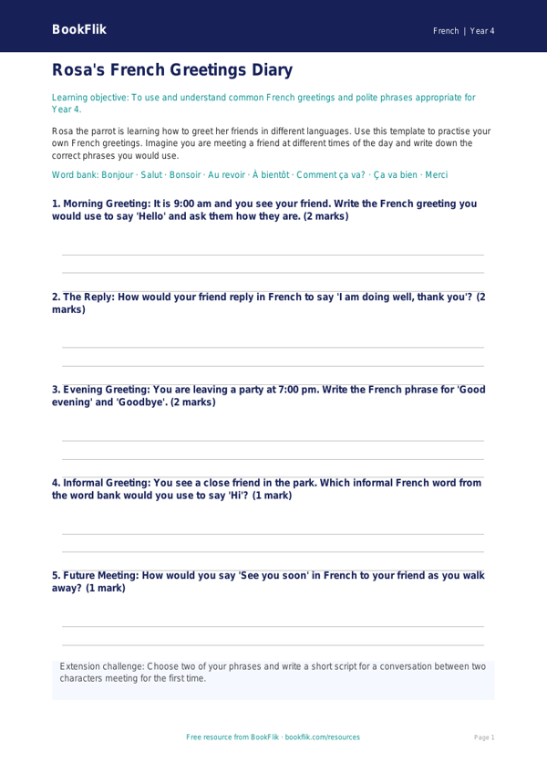 Free Greetings Template | Year 4 Core | BookFlik worksheet preview — French Greetings