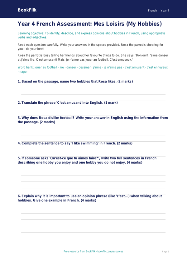 Free Hobbies Assessment | Year 4 Core | BookFlik worksheet preview — French Hobbies