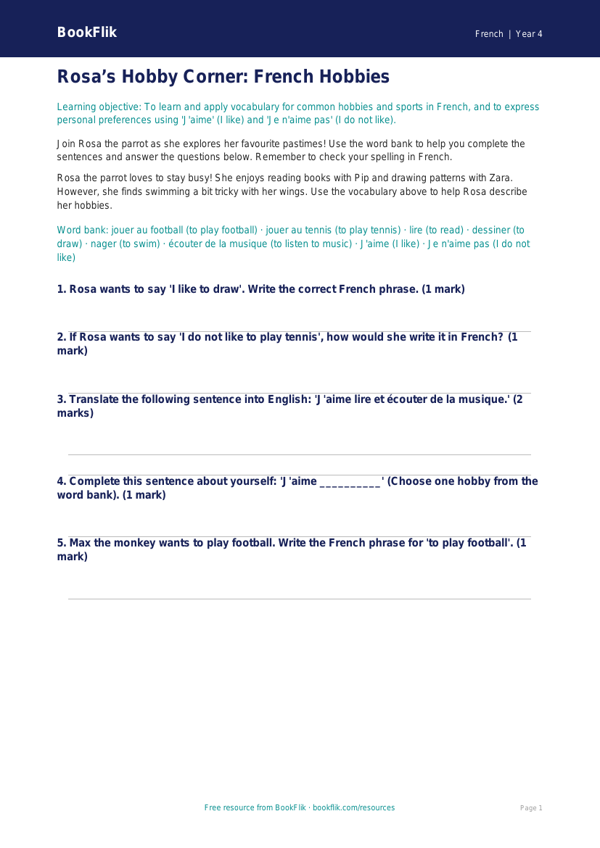 Free Hobbies Worksheet | Year 4 Core | BookFlik worksheet preview — French Hobbies
