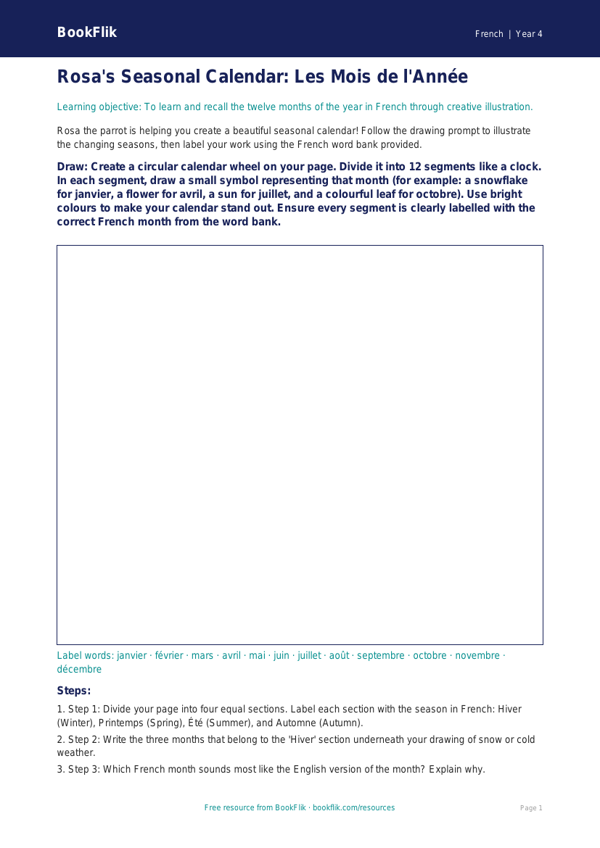 Free Months Of The Year Drawing Sheet | Year 4 Core | BookFlik worksheet preview — French Months Of The Year