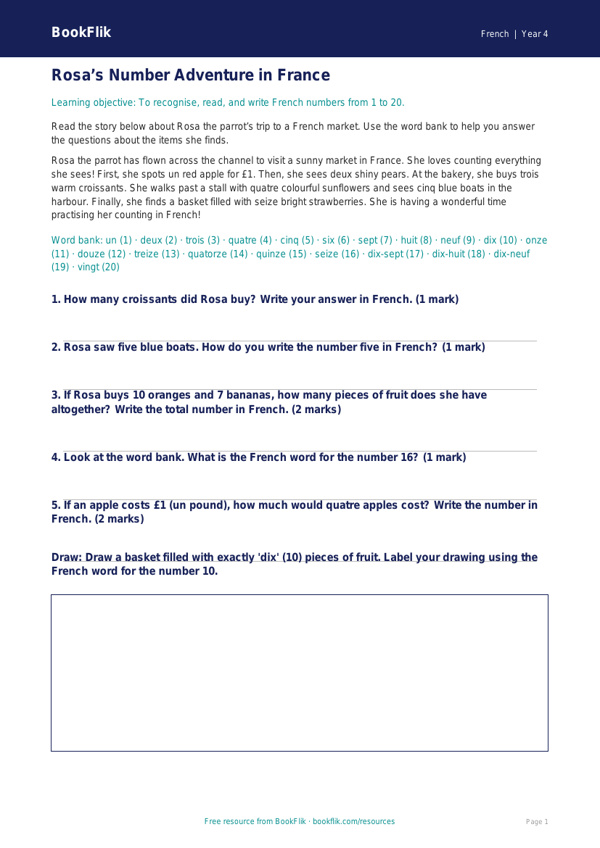 Free Numbers Track Sheet | Year 4 Core | BookFlik worksheet preview — French Numbers