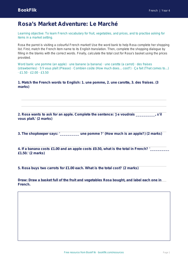 Free Shopping Activity Sheet | Year 4 Core | BookFlik worksheet preview — French Shopping