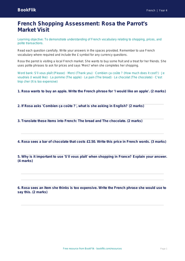 Free Shopping Assessment | Year 4 Core | BookFlik worksheet preview — French Shopping
