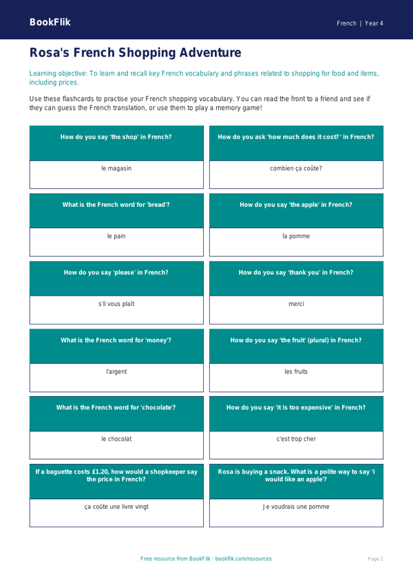 Free Shopping Flashcards | Year 4 Core | BookFlik worksheet preview — French Shopping