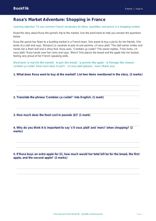 Free Shopping Track Sheet | Year 4 Core | BookFlik worksheet preview — French Shopping