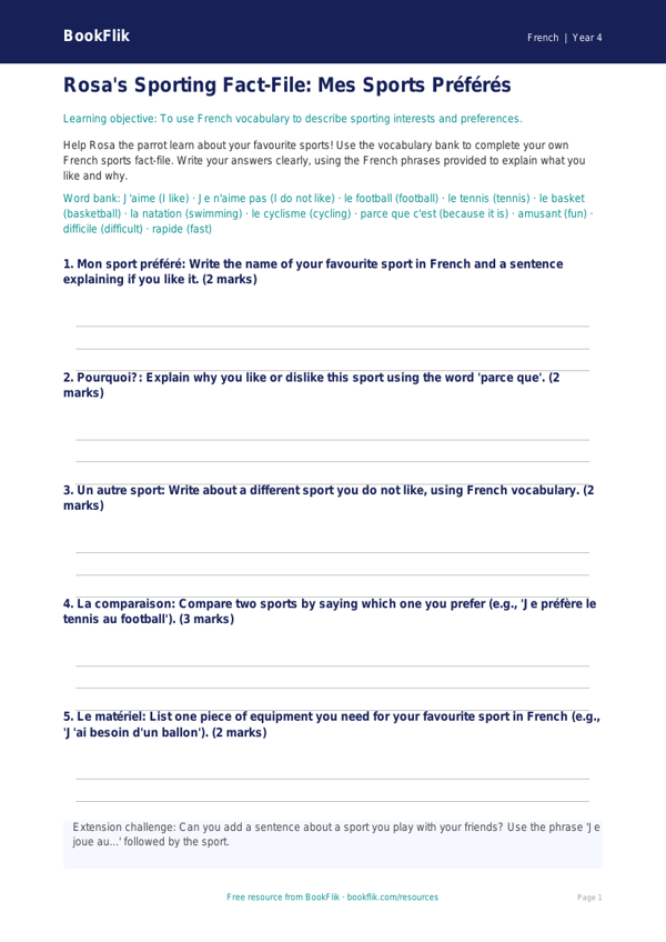 Free Sports Template | Year 4 Core | BookFlik worksheet preview — French Sports
