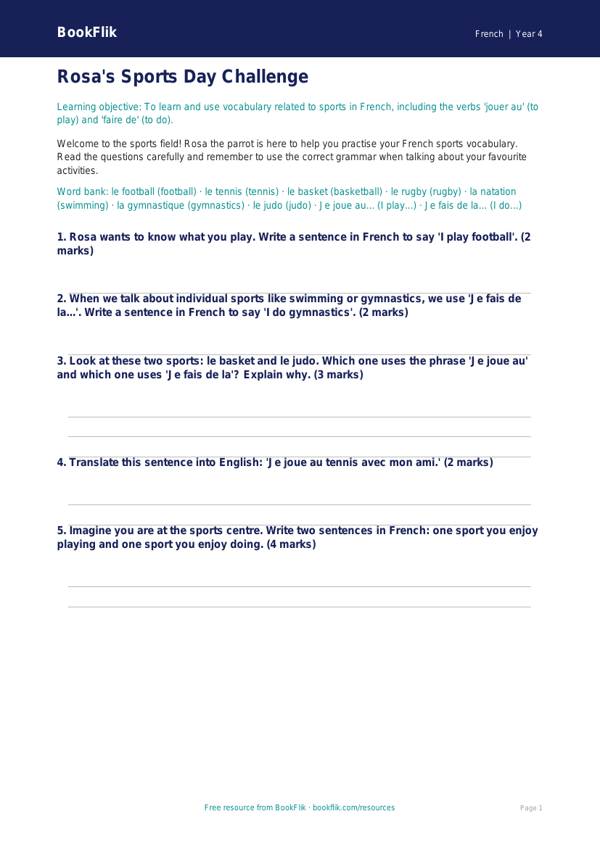 Free Sports Worksheet | Year 4 Core | BookFlik worksheet preview — French Sports