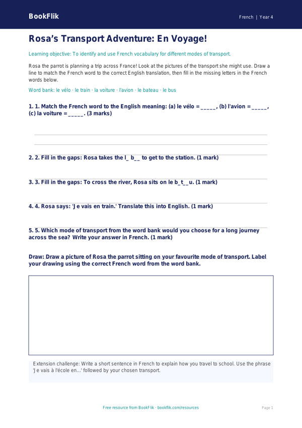 Free Transport Activity Sheet | Year 4 Core | BookFlik worksheet preview — French Transport
