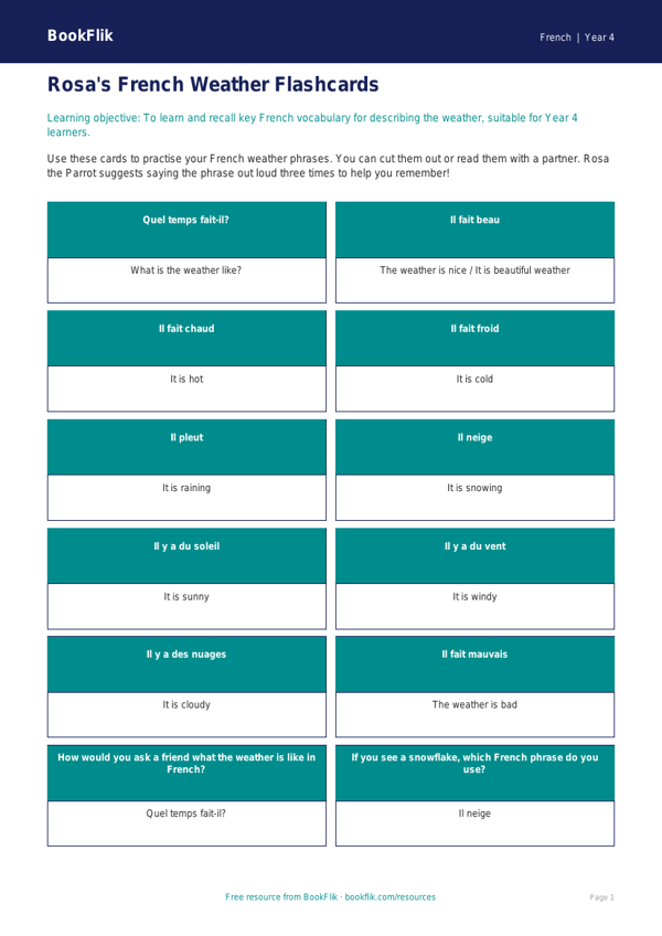 Free Weather Flashcards | Year 4 Core | BookFlik worksheet preview — French Weather