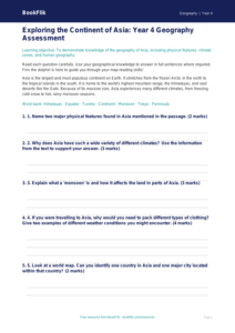 Free Asia Assessment | Year 4 Geography Worksheet | BookFlik