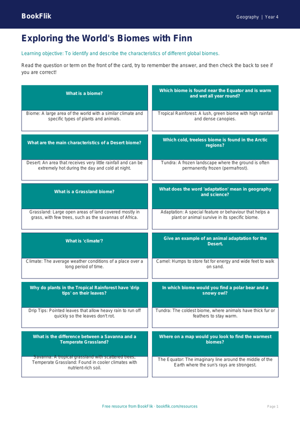 Free Biomes Flashcards | Year 4 Core | BookFlik worksheet preview — Geography Biomes