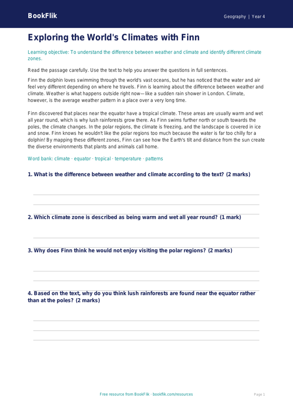 Free Climate Comprehension | Year 4 Core | BookFlik worksheet preview — Geography Climate