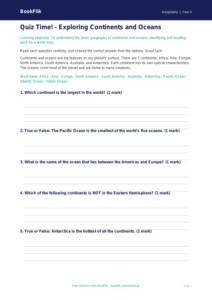 Free Continents And Oceans Quiz | Year 4 Core | BookFlik