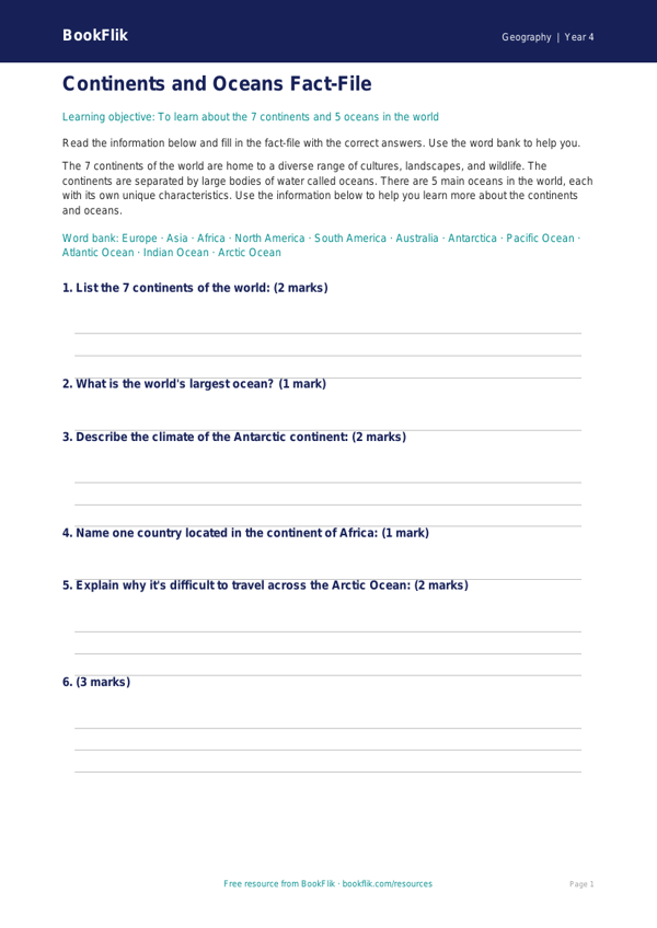 Free Continents And Oceans Template | Year 4 Core | BookFlik worksheet preview — Geography Continents And Oceans