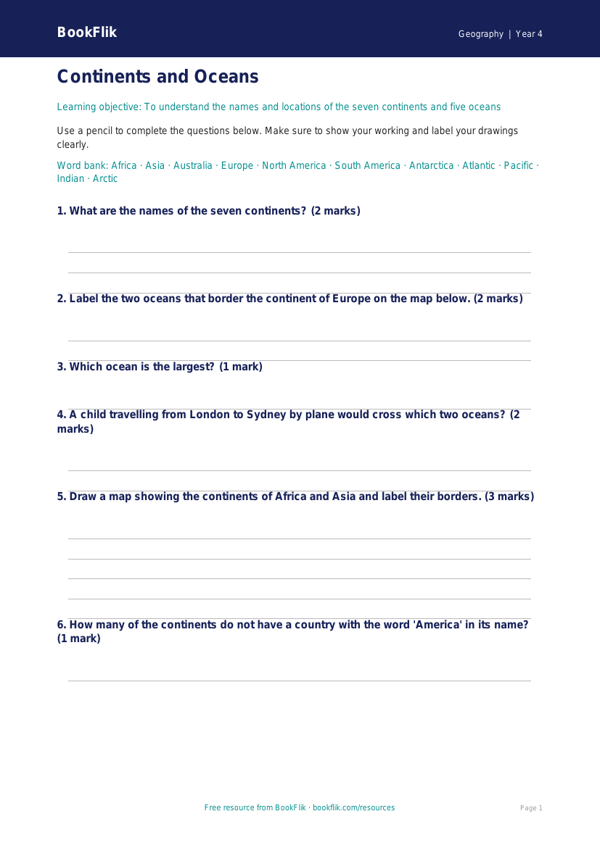 Free Continents And Oceans Worksheet | Year 4 Geography | BookFlik worksheet preview — Geography Continents And Oceans