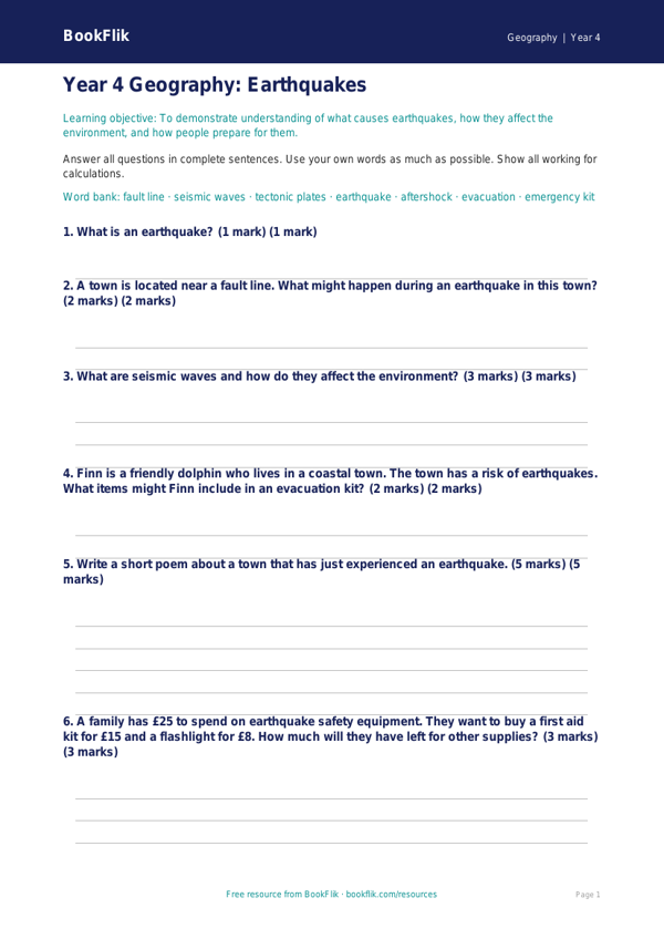 Free Earthquakes Assessment | Year 4 Core | BookFlik worksheet preview — Geography Earthquakes