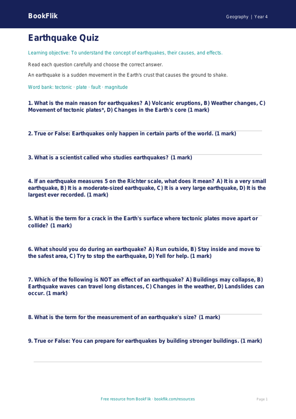 Free Earthquakes Quiz | Year 4 Core | BookFlik worksheet preview — Geography Earthquakes