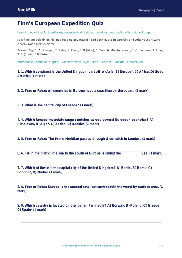 Free Europe Quiz | Year 4 Geography Worksheet | BookFlik worksheet preview — Geography Europe