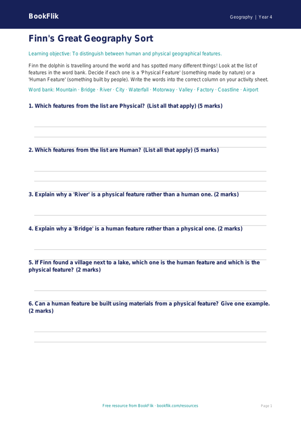 Free Human And Physical Geography Activity Sheet | Year 4 Core | BookFlik worksheet preview — Geography Human And Physical Geography