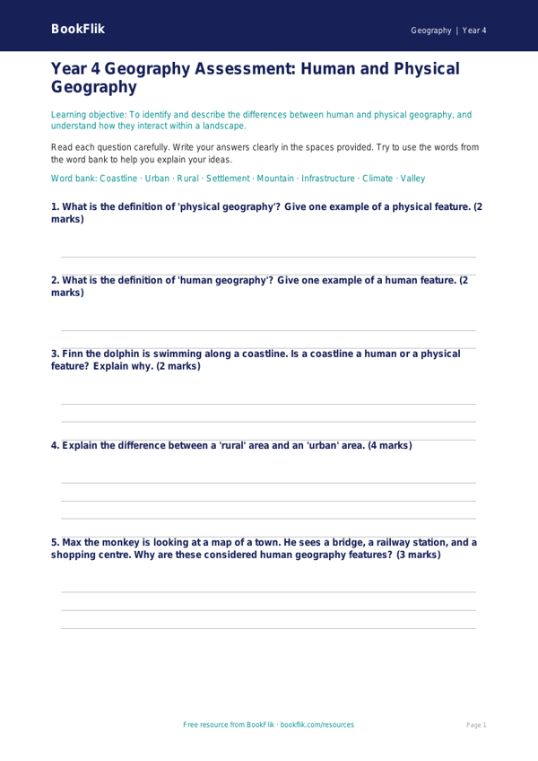 Free Human And Physical Geography Assessment | Year 4 Core | BookFlik worksheet preview — Geography Human And Physical Geography