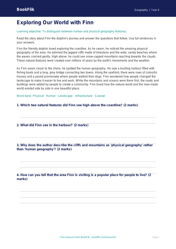 Free Human And Physical Geography Comprehension | Year 4 Core | BookFlik worksheet preview — Geography Human And Physical Geography